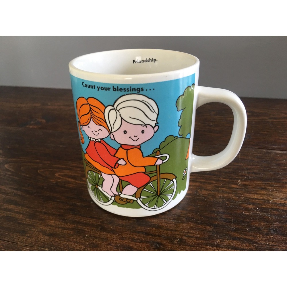 1980s Count‎ your blessings Friendship Mug childrens bike riding vintage ceramic